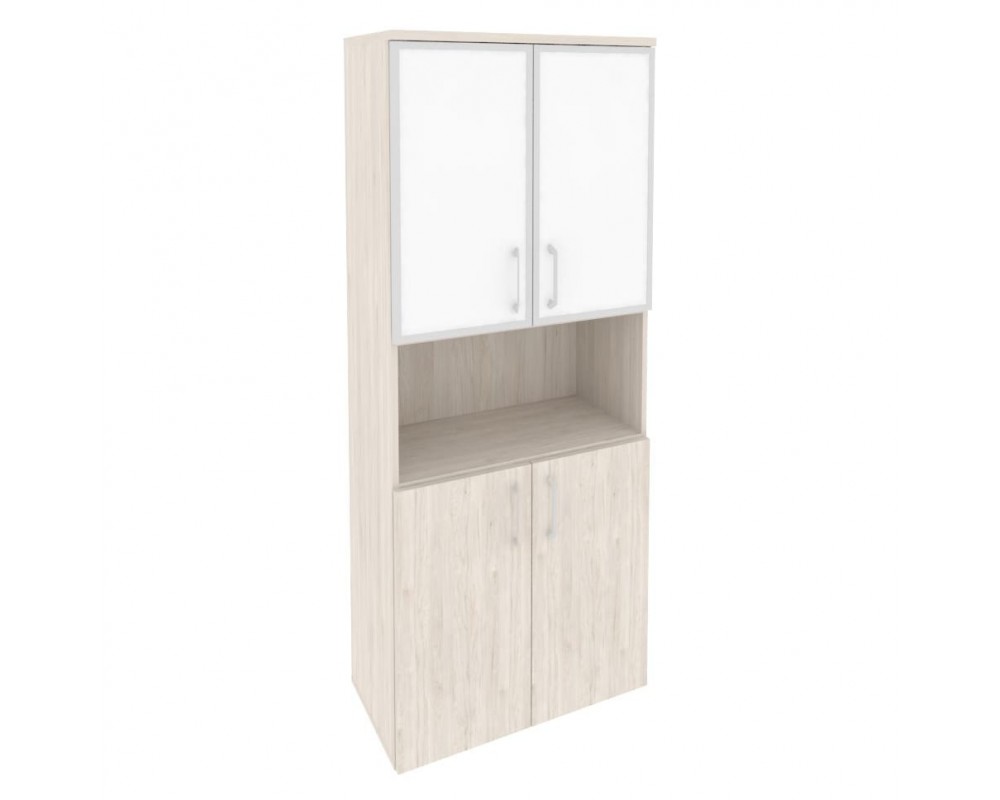 Шкаф высокий широкий (2 низких фасада ЛДСП + 2 низких фасада стекло лакобель в раме) 800x420x1977 Onix
