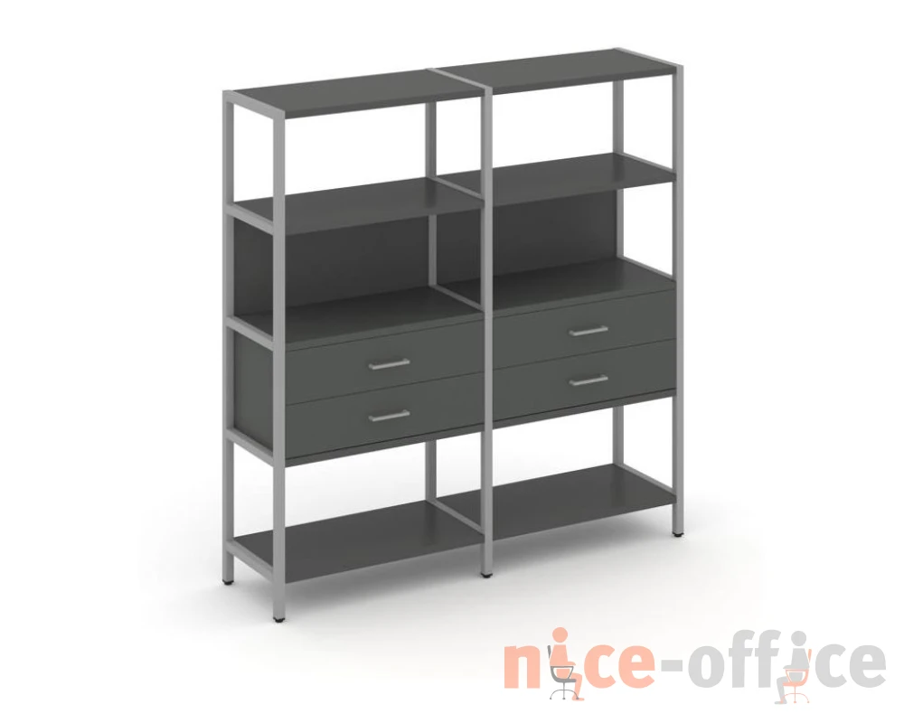 Двухсекционный стеллаж четырехярусный с ящиками 1590х400х1613 Шелф Систем / Shelf System