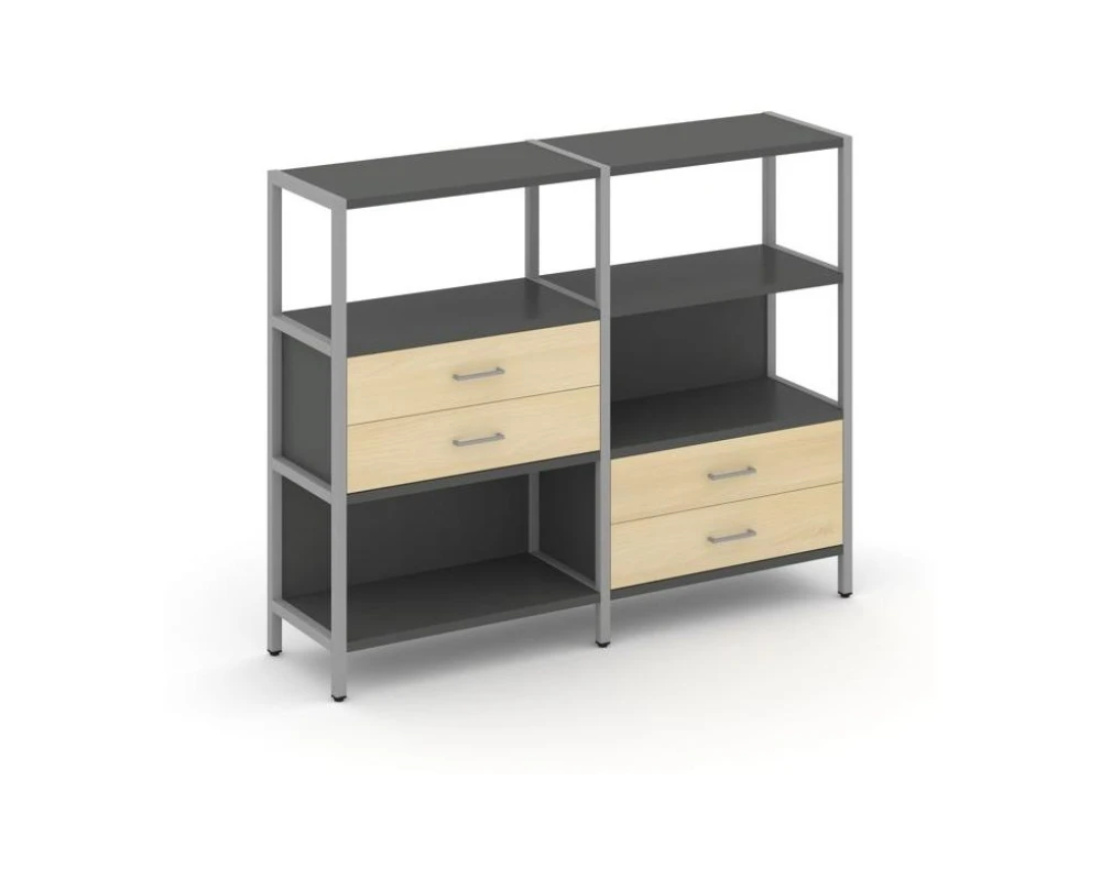 Двухсекционный стеллаж трехярусный с ящиками на двух ярусах 1590х400х1246 Шелф Систем / Shelf System