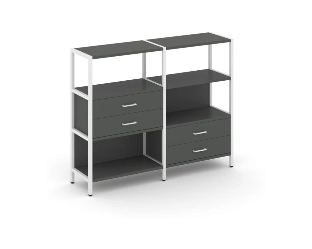 Двухсекционный стеллаж трехярусный с ящиками на двух ярусах 1590х400х1246 Шелф Систем / Shelf System