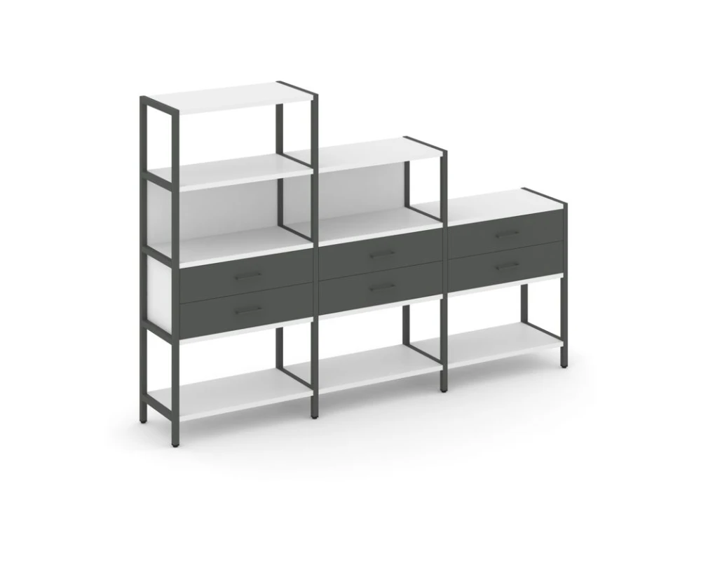Трехсекционный стеллаж четырех/трех/двухярусный с ящиками 2730х400х1613 Шелф Систем / Shelf System
