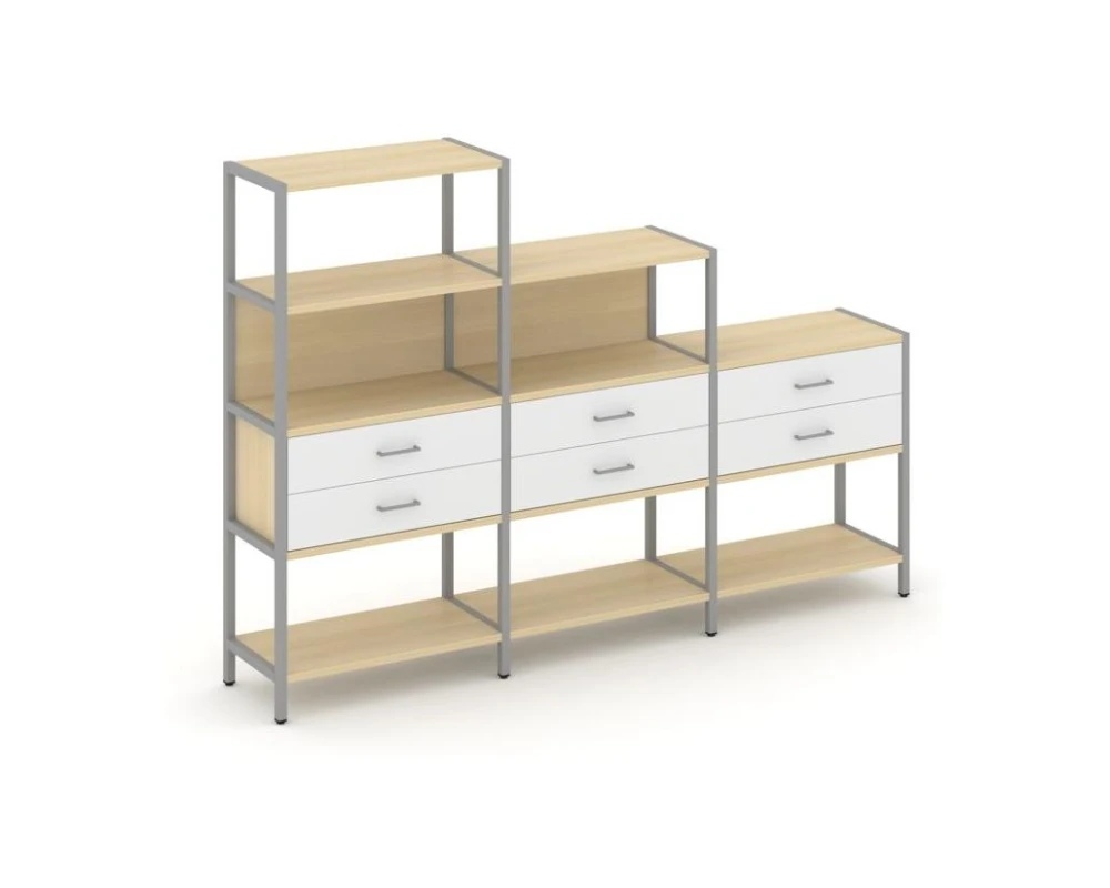 Трехсекционный стеллаж четырех/трех/двухярусный с ящиками 2730х400х1613 Шелф Систем / Shelf System