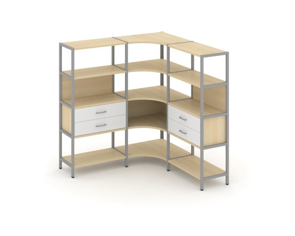 Трехсекционный угловой стеллаж четырехярусный с ящиками 1590х1590х1613 Shelf System