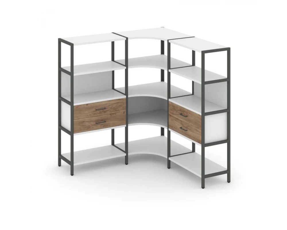 Трехсекционный угловой стеллаж четырехярусный с ящиками 1590х1590х1613 Shelf System
