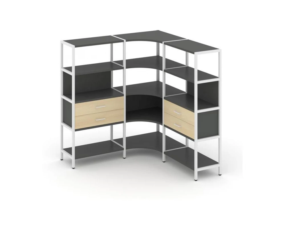 Трехсекционный угловой стеллаж четырехярусный с ящиками 1590х1590х1613 Shelf System
