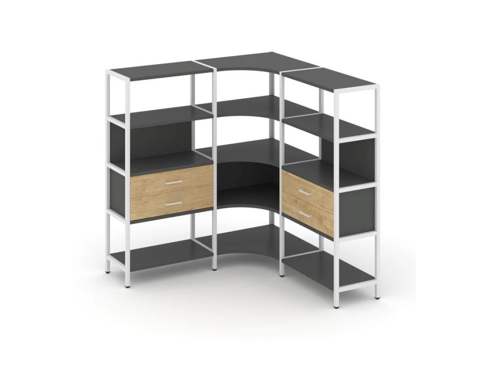 Трехсекционный угловой стеллаж четырехярусный с ящиками 1590х1590х1613 Shelf System