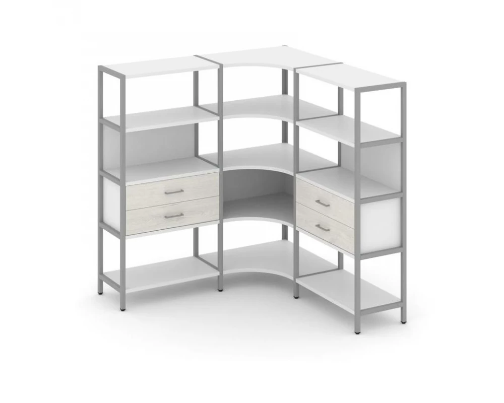 Трехсекционный угловой стеллаж четырехярусный с ящиками 1590х1590х1613 Shelf System