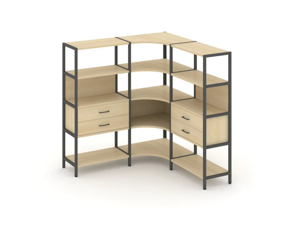 Трехсекционный угловой стеллаж четырехярусный с ящиками 1590х1590х1613 Shelf System