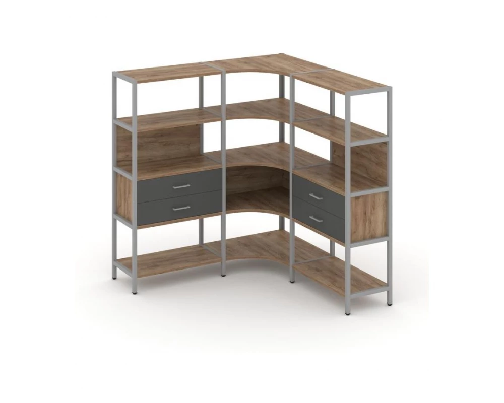 Трехсекционный угловой стеллаж четырехярусный с ящиками 1590х1590х1613 Shelf System