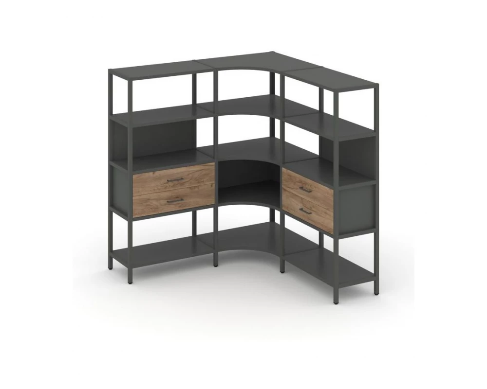 Трехсекционный угловой стеллаж четырехярусный с ящиками 1590х1590х1613 Shelf System