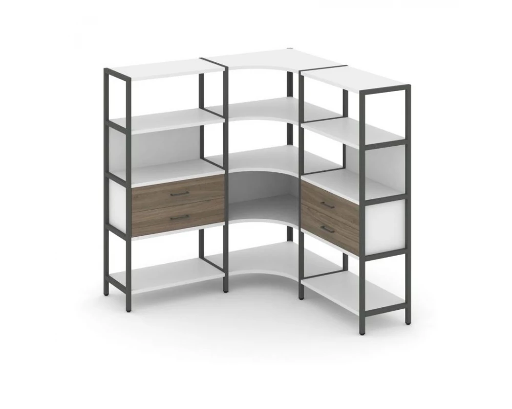 Трехсекционный угловой стеллаж четырехярусный с ящиками 1590х1590х1613 Shelf System