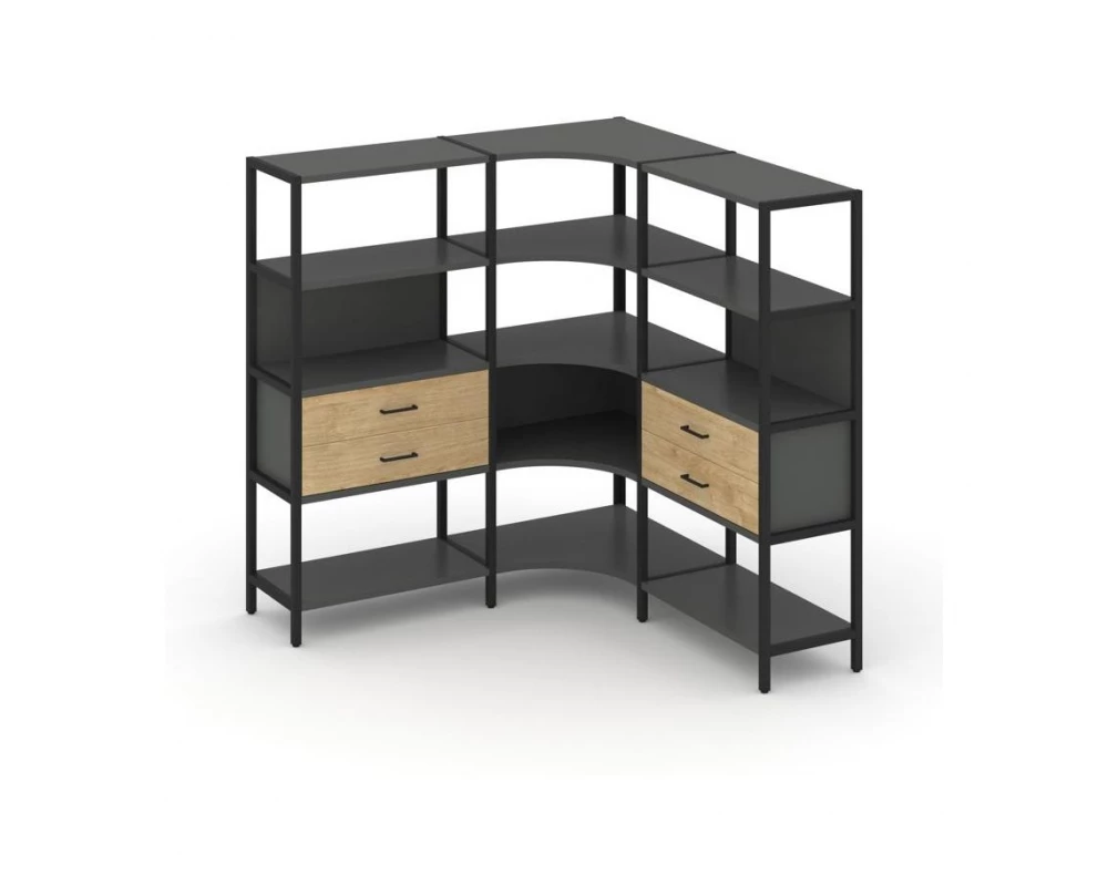 Трехсекционный угловой стеллаж четырехярусный с ящиками 1590х1590х1613 Shelf System