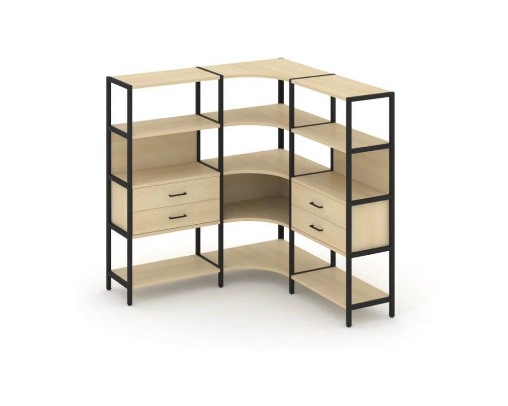 Трехсекционный угловой стеллаж четырехярусный с ящиками 1590х1590х1613 Shelf System