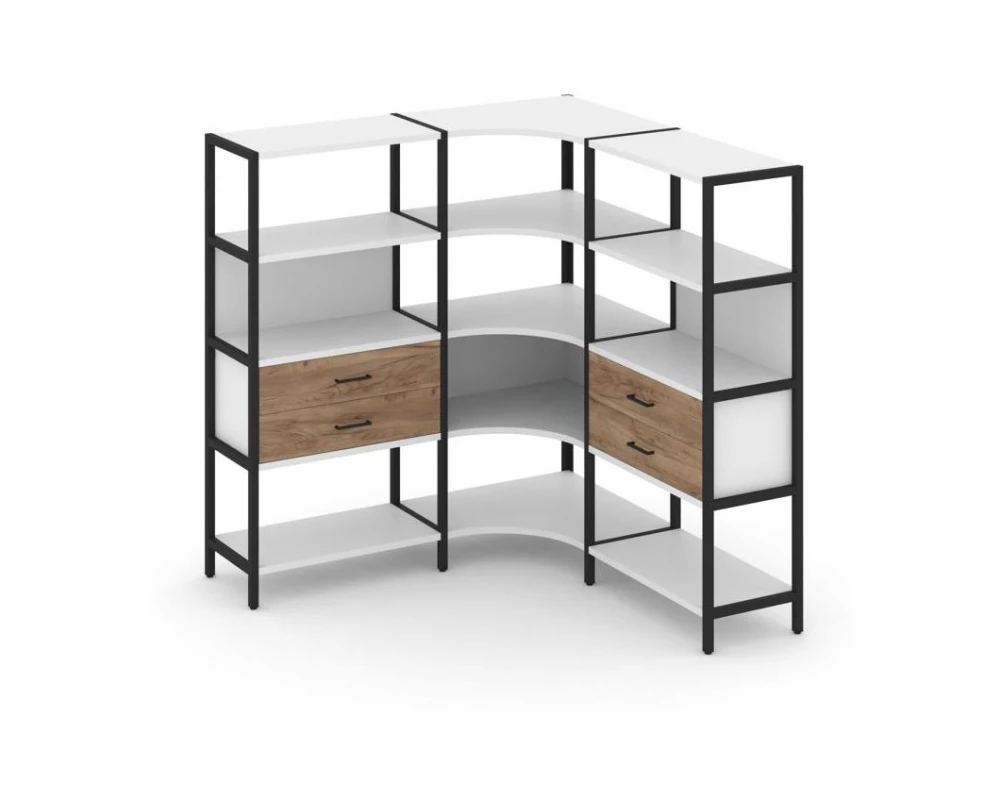 Трехсекционный угловой стеллаж четырехярусный с ящиками 1590х1590х1613 Shelf System
