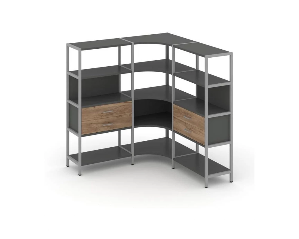 Трехсекционный угловой стеллаж четырехярусный с ящиками 1590х1590х1613 Shelf System