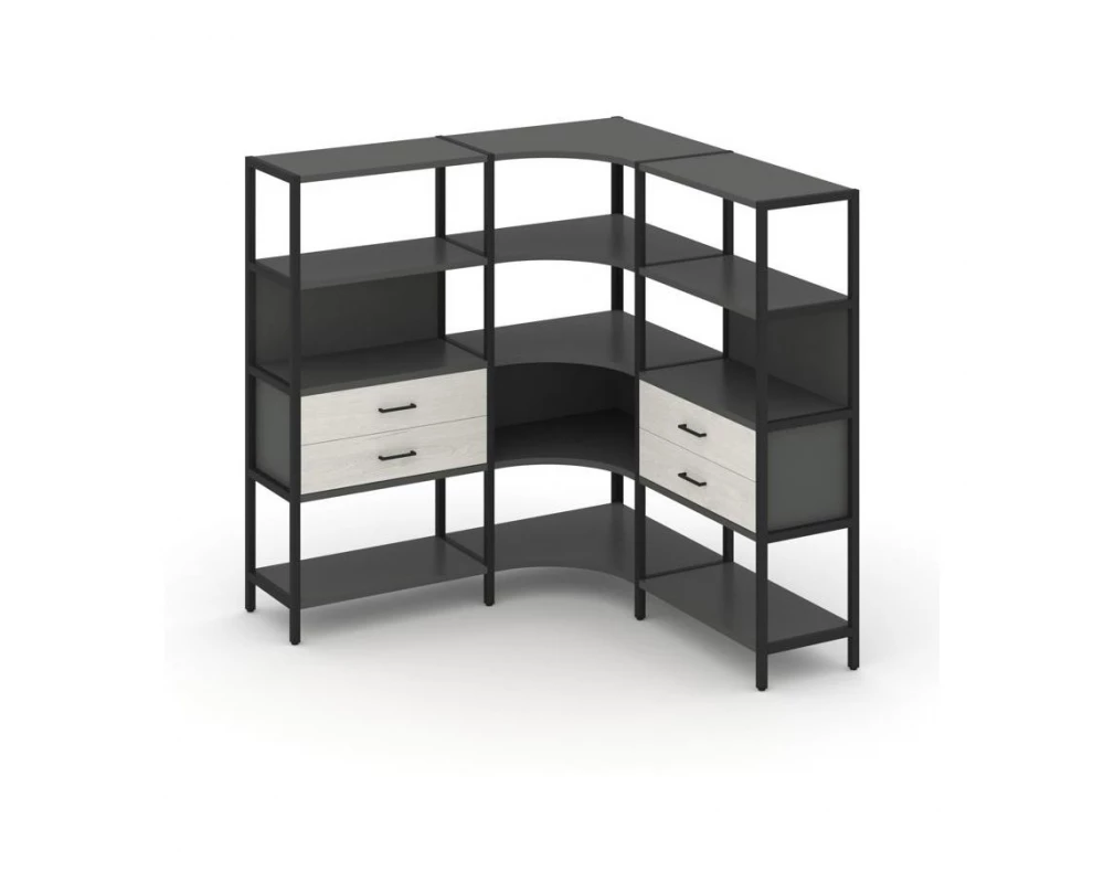 Трехсекционный угловой стеллаж четырехярусный с ящиками 1590х1590х1613 Shelf System