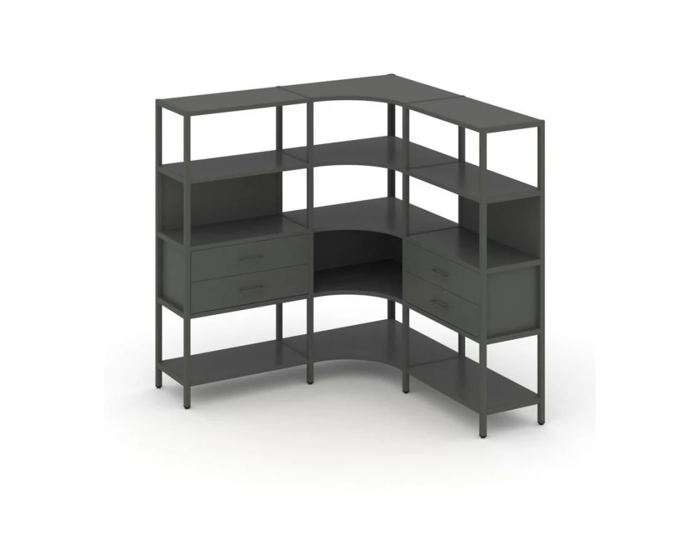 Трехсекционный угловой стеллаж четырехярусный с ящиками 1590х1590х1613 Shelf System