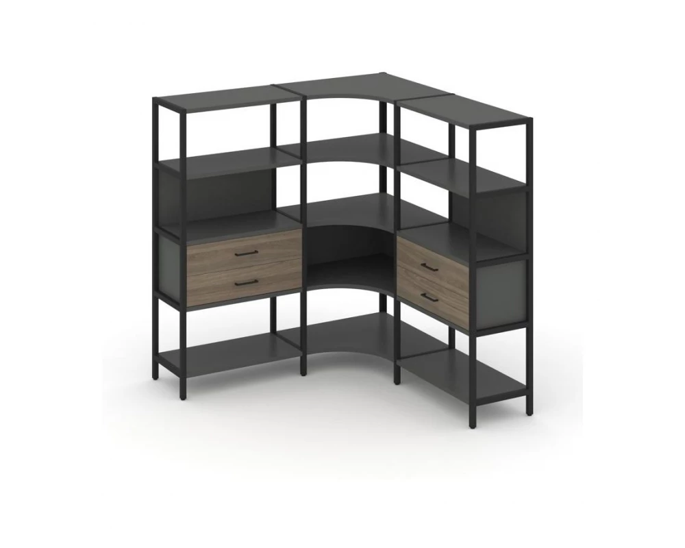 Трехсекционный угловой стеллаж четырехярусный с ящиками 1590х1590х1613 Shelf System
