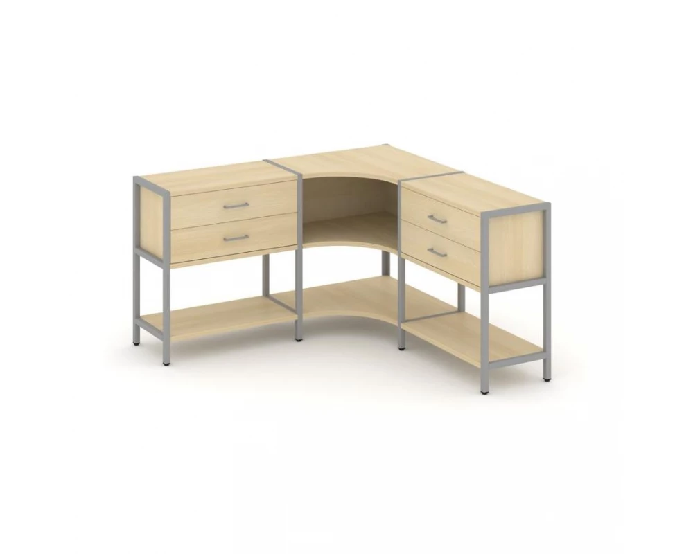 Трехсекционный угловой стеллаж двухярусный с ящиками 1590х1590х879 Shelf System