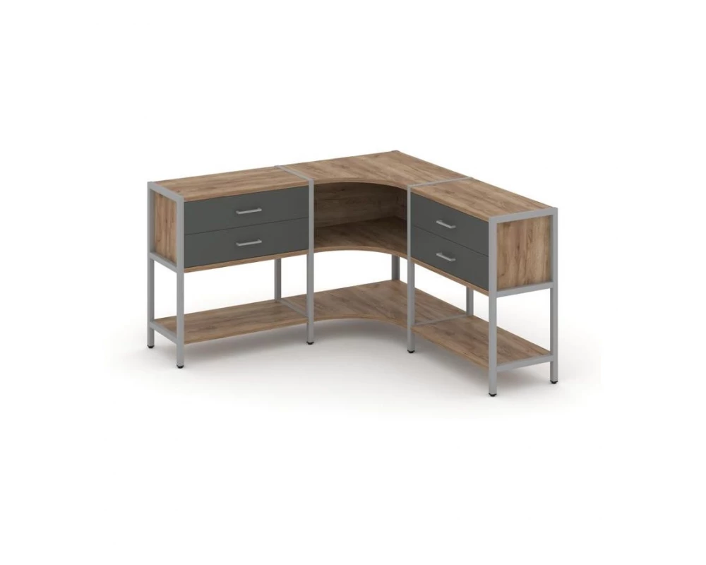 Трехсекционный угловой стеллаж двухярусный с ящиками 1590х1590х879 Shelf System