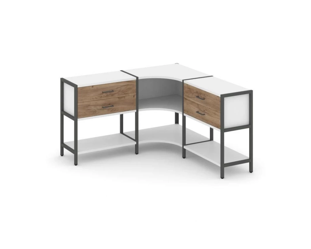 Трехсекционный угловой стеллаж двухярусный с ящиками 1590х1590х879 Shelf System