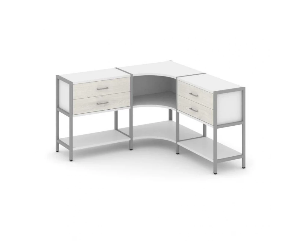 Трехсекционный угловой стеллаж двухярусный с ящиками 1590х1590х879 Shelf System