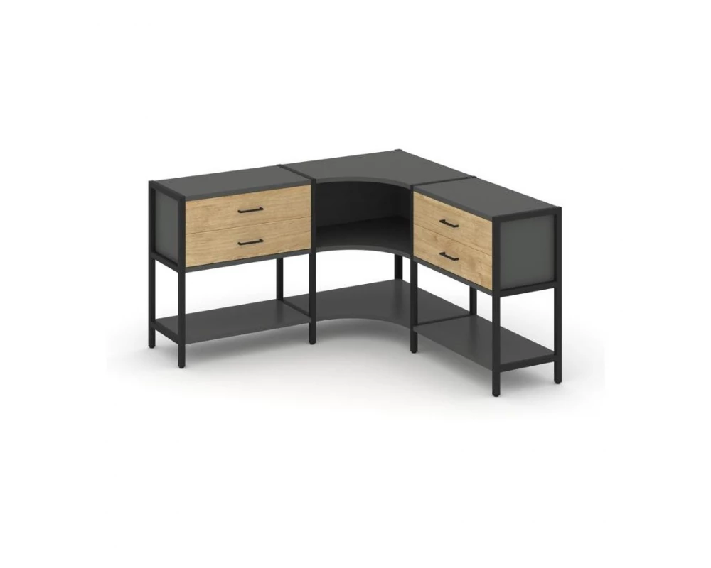 Трехсекционный угловой стеллаж двухярусный с ящиками 1590х1590х879 Shelf System