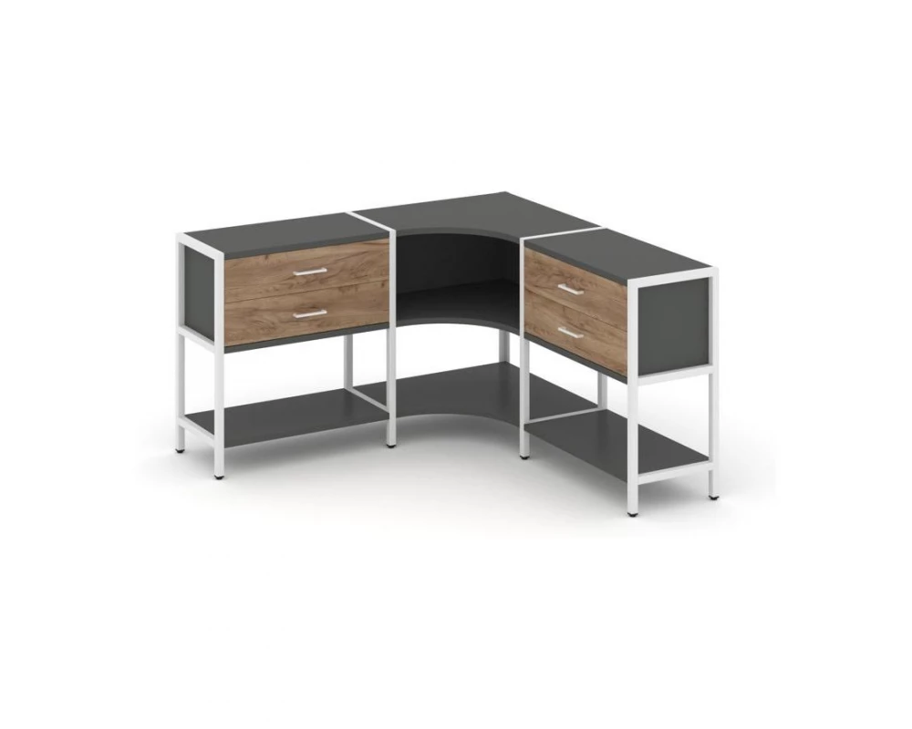 Трехсекционный угловой стеллаж двухярусный с ящиками 1590х1590х879 Shelf System