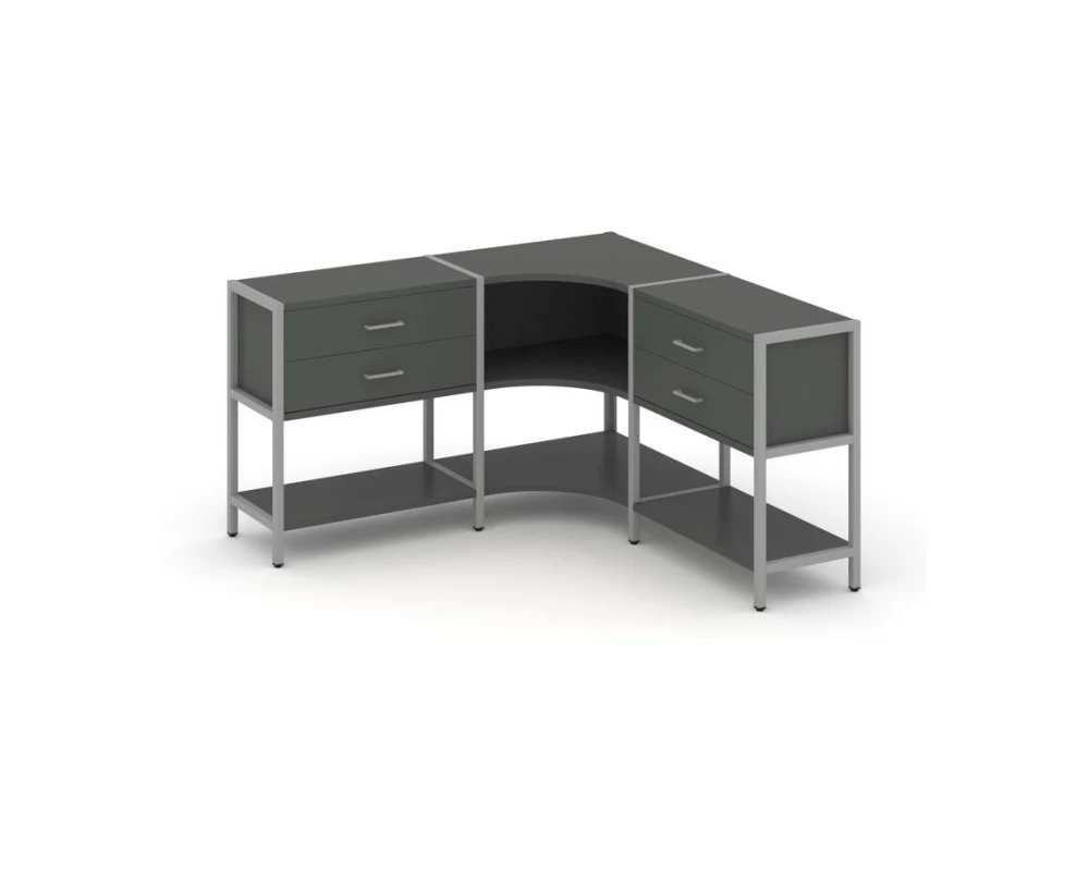 Трехсекционный угловой стеллаж двухярусный с ящиками 1590х1590х879 Shelf System