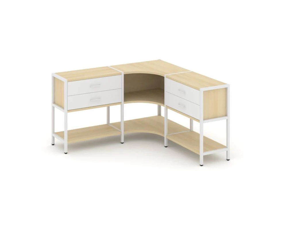 Трехсекционный угловой стеллаж двухярусный с ящиками 1590х1590х879 Shelf System