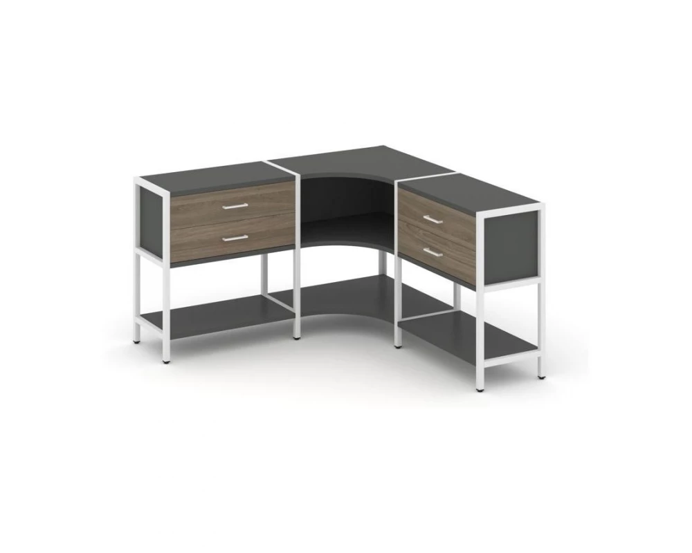 Трехсекционный угловой стеллаж двухярусный с ящиками 1590х1590х879 Shelf System