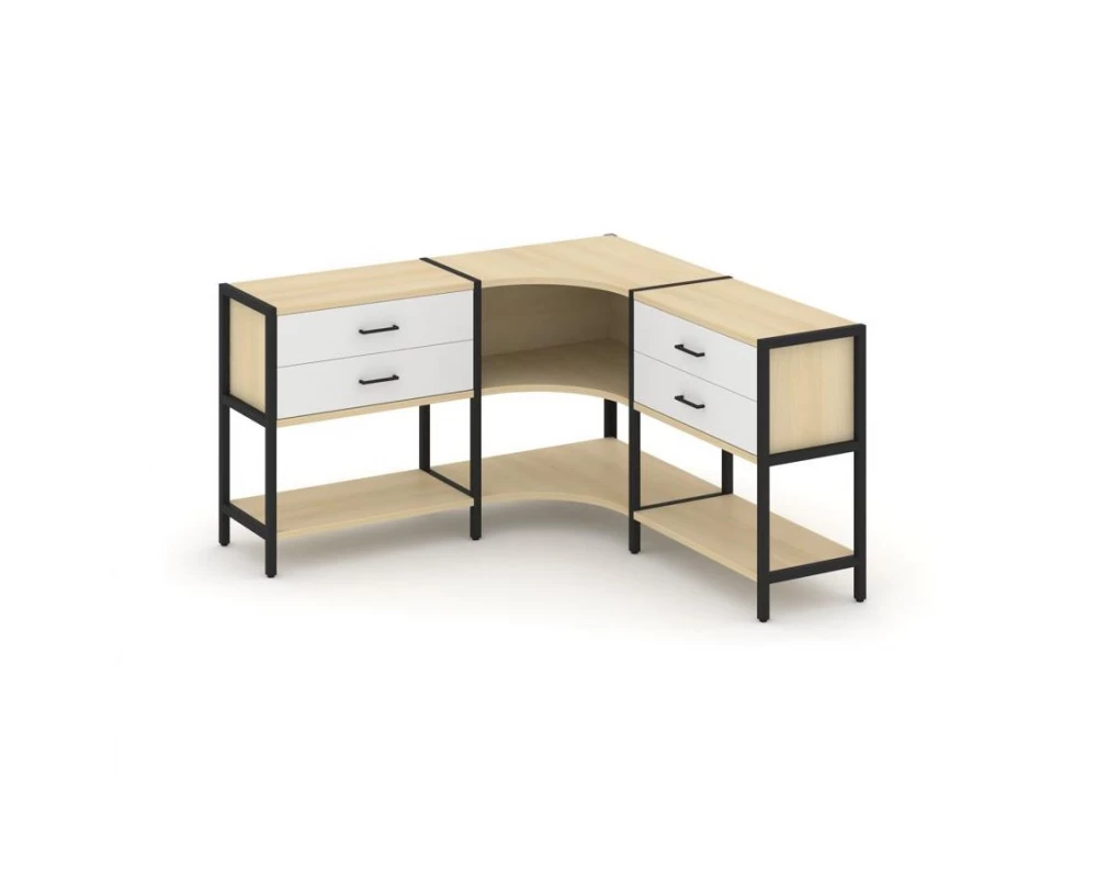 Трехсекционный угловой стеллаж двухярусный с ящиками 1590х1590х879 Shelf System