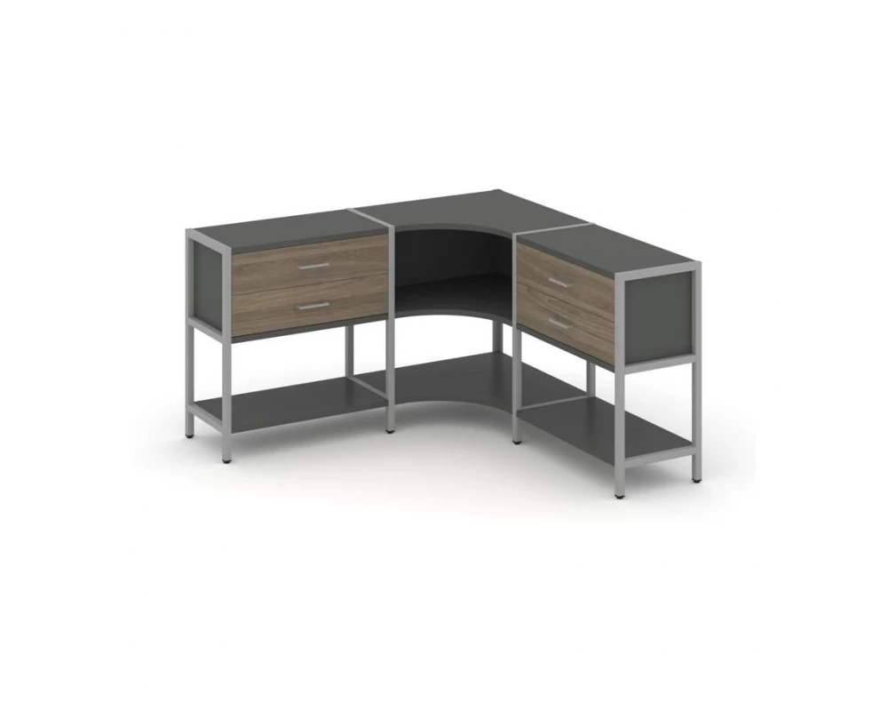 Трехсекционный угловой стеллаж двухярусный с ящиками 1590х1590х879 Shelf System