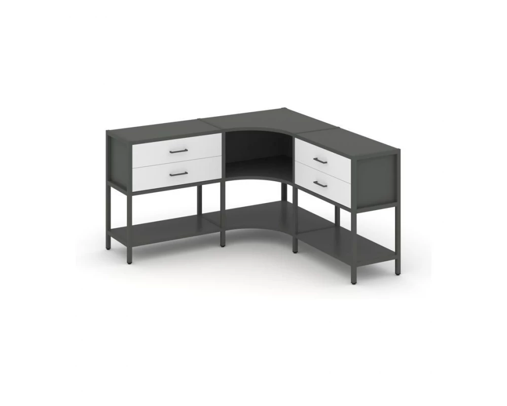 Трехсекционный угловой стеллаж двухярусный с ящиками 1590х1590х879 Shelf System