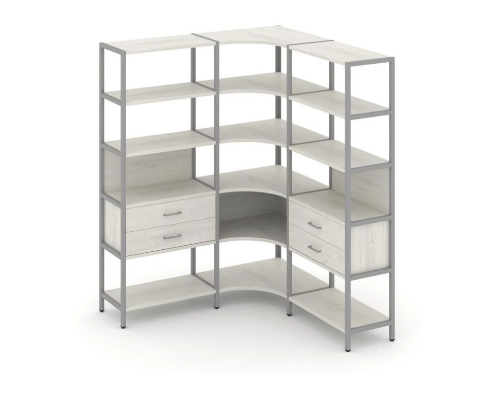 Трехсекционный угловой стеллаж пятиярусный с ящиками 1590х1590х1980 Shelf System
