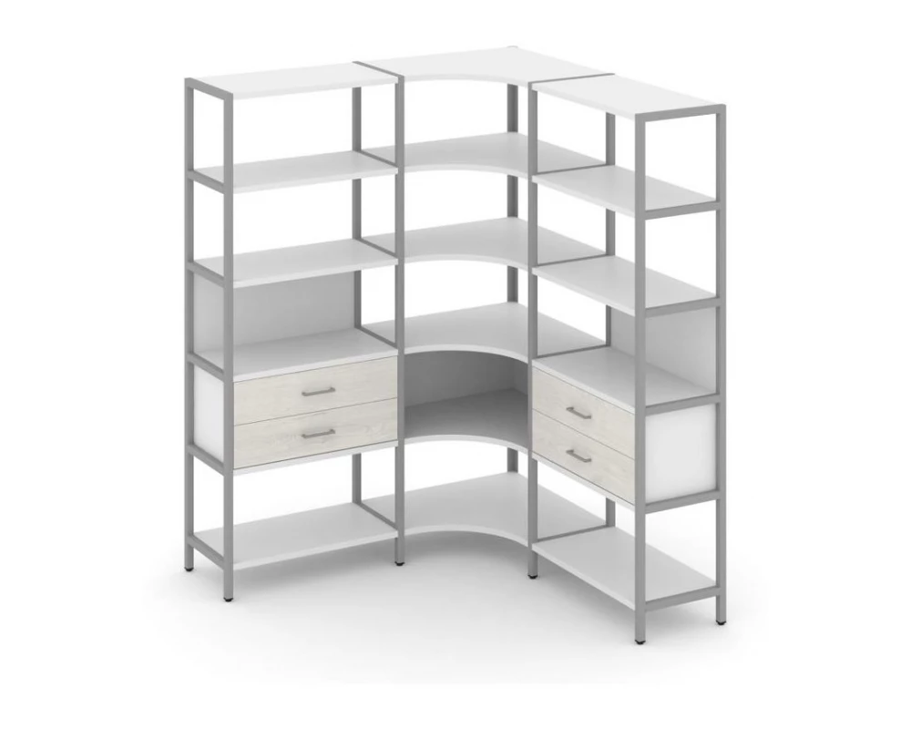 Трехсекционный угловой стеллаж пятиярусный с ящиками 1590х1590х1980 Shelf System