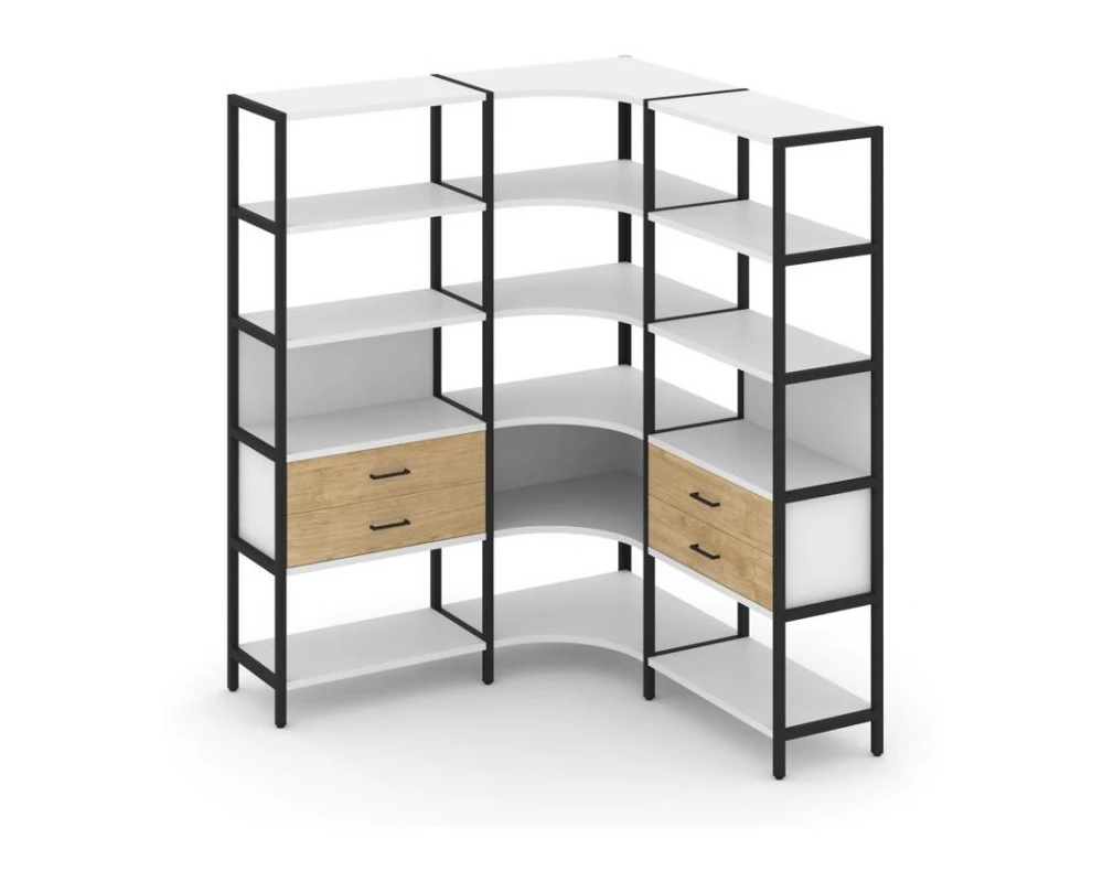 Трехсекционный угловой стеллаж пятиярусный с ящиками 1590х1590х1980 Shelf System