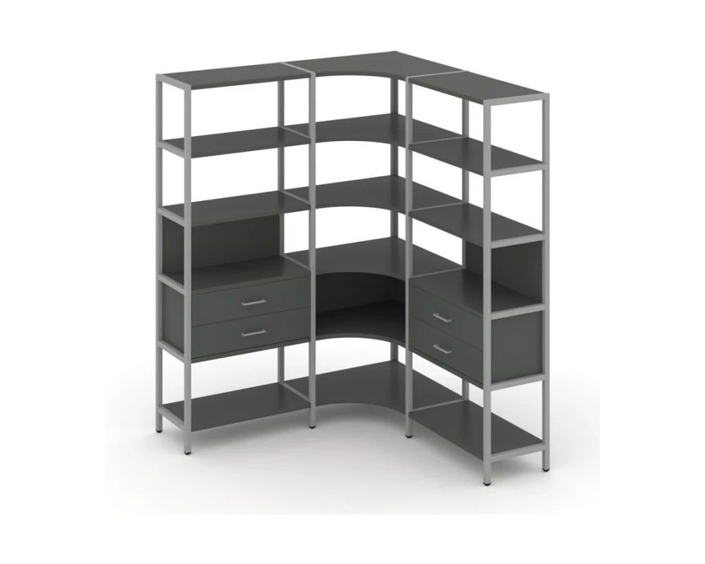 Трехсекционный угловой стеллаж пятиярусный с ящиками 1590х1590х1980 Shelf System
