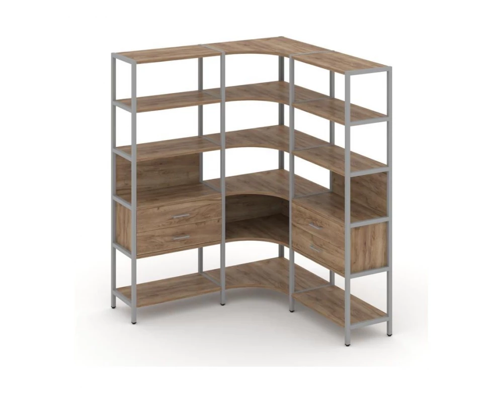 Трехсекционный угловой стеллаж пятиярусный с ящиками 1590х1590х1980 Shelf System