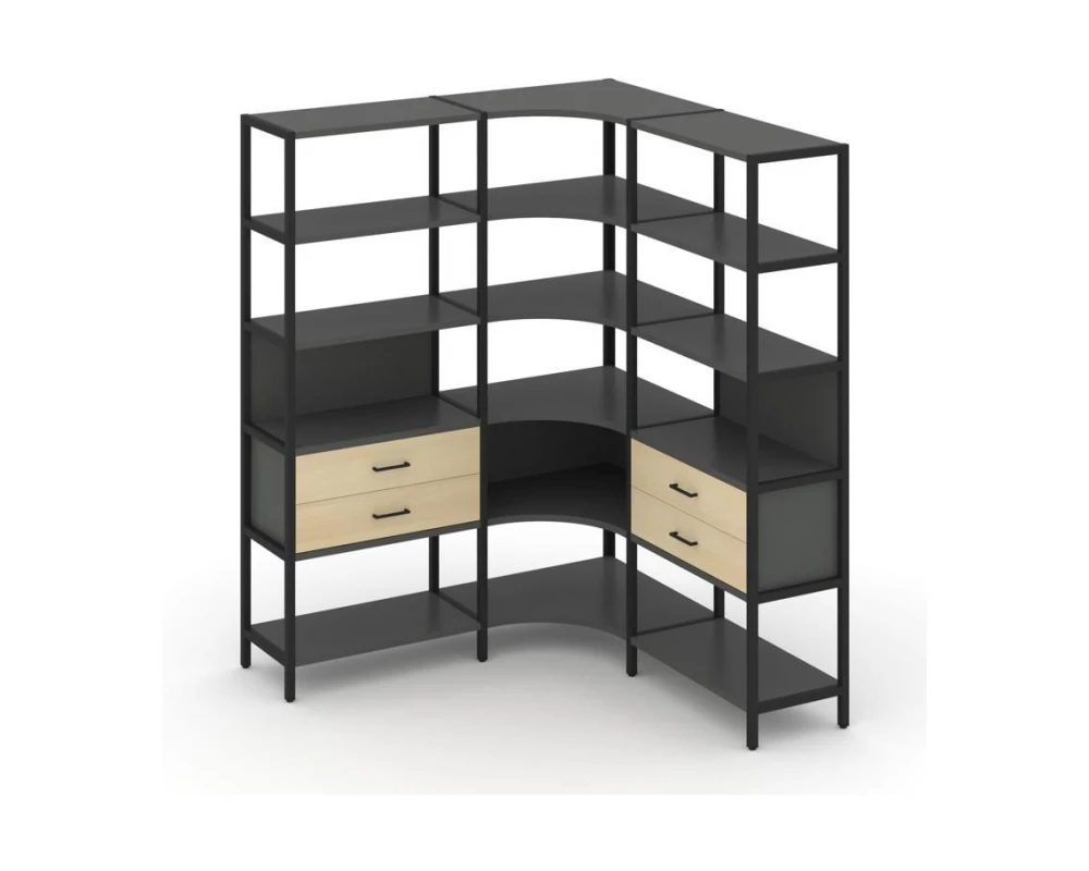 Трехсекционный угловой стеллаж пятиярусный с ящиками 1590х1590х1980 Shelf System