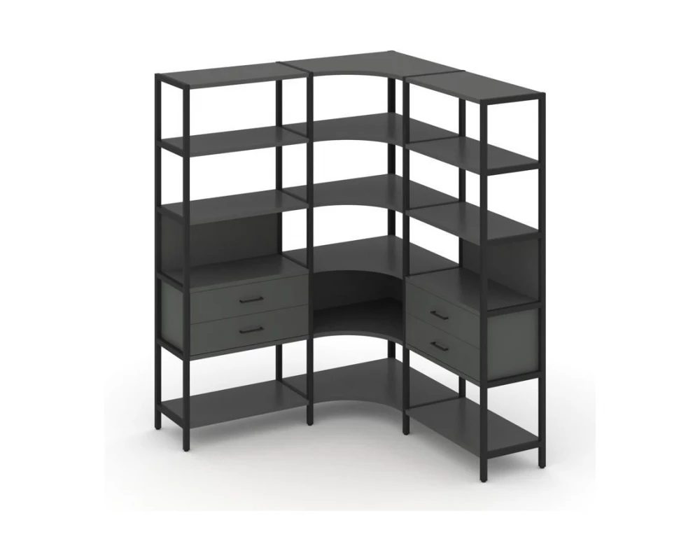 Трехсекционный угловой стеллаж пятиярусный с ящиками 1590х1590х1980 Shelf System