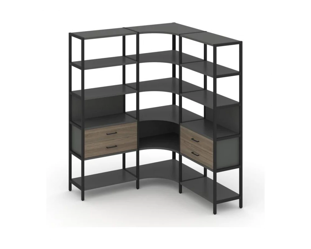 Трехсекционный угловой стеллаж пятиярусный с ящиками 1590х1590х1980 Shelf System
