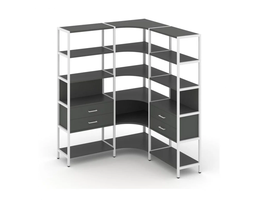 Трехсекционный угловой стеллаж пятиярусный с ящиками 1590х1590х1980 Shelf System