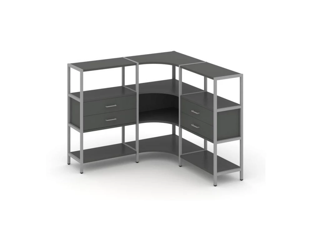 Трехсекционный угловой стеллаж трехярусный с ящиками 1590х1590х1246 Shelf System