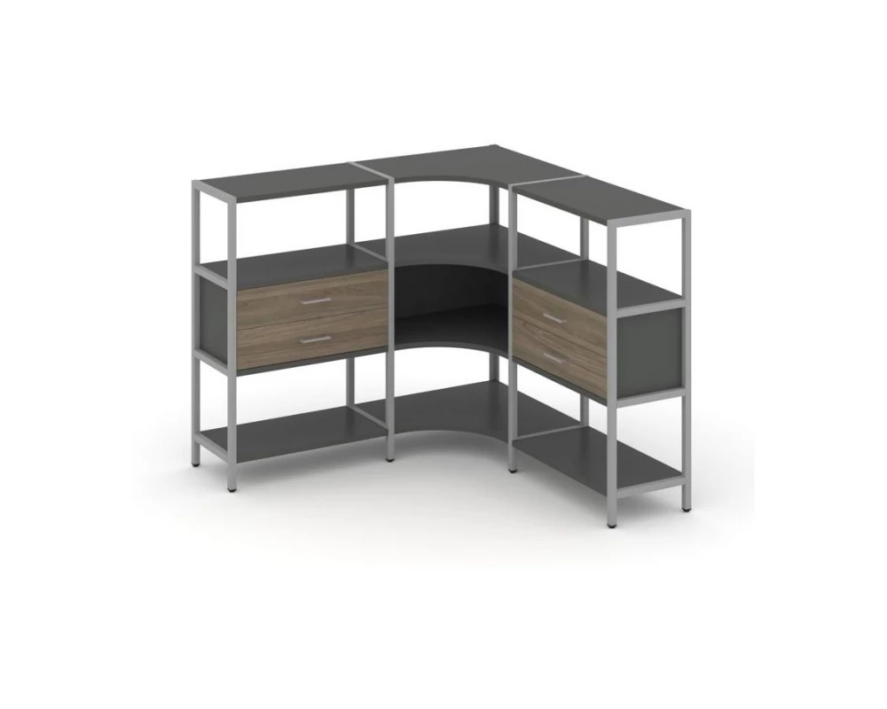 Трехсекционный угловой стеллаж трехярусный с ящиками 1590х1590х1246 Shelf System