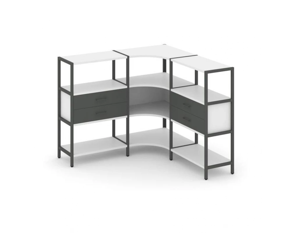 Трехсекционный угловой стеллаж трехярусный с ящиками 1590х1590х1246 Shelf System