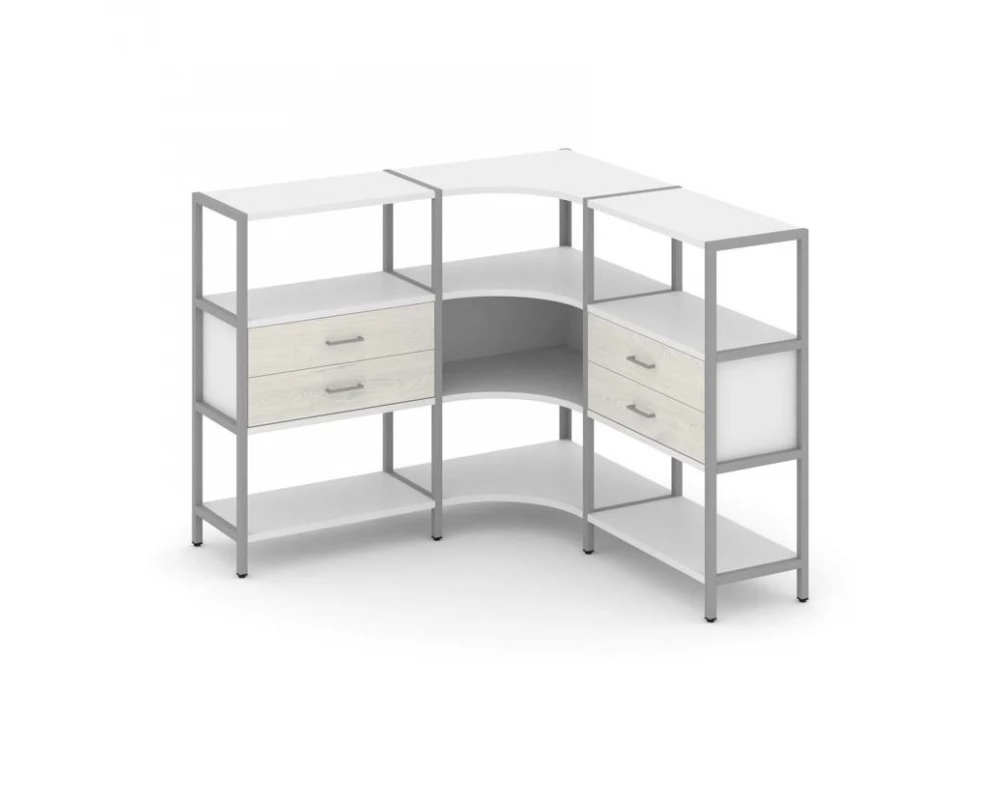 Трехсекционный угловой стеллаж трехярусный с ящиками 1590х1590х1246 Shelf System