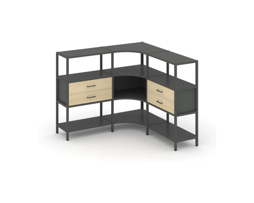 Трехсекционный угловой стеллаж трехярусный с ящиками 1590х1590х1246 Shelf System