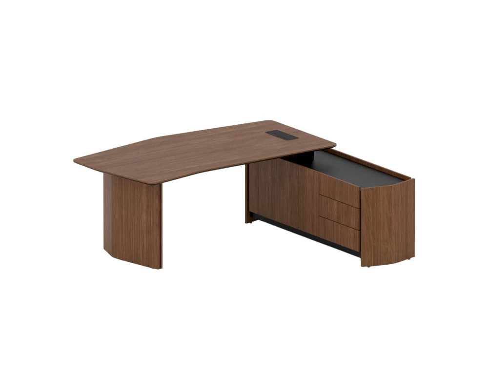 Стол руководителя с тумбой правый, лючок, 206,1х184,2х74,4 Reflex Орех/Черный