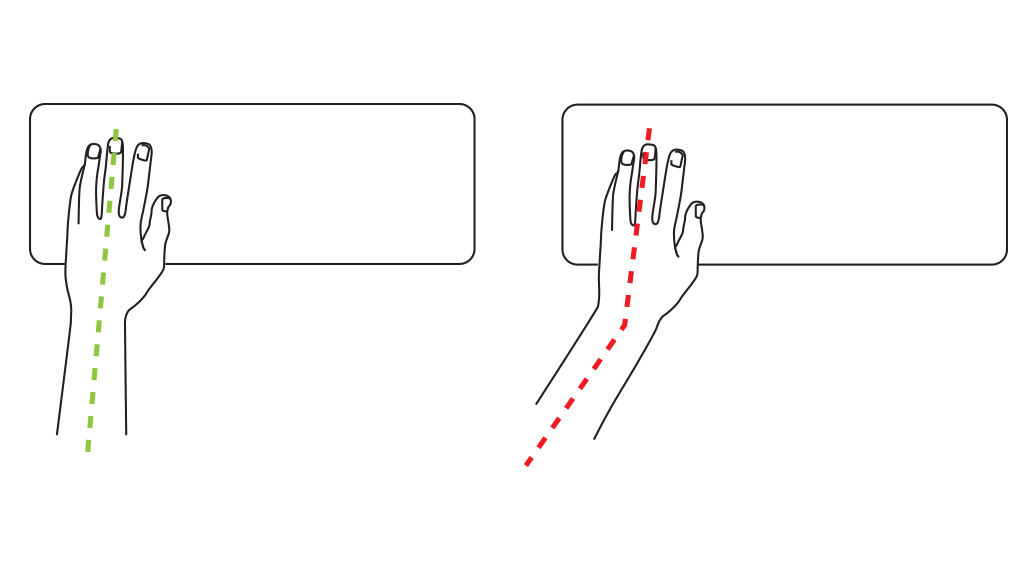 Пример верного (слева) и неверного (справа) расположения рук на клавиатуре